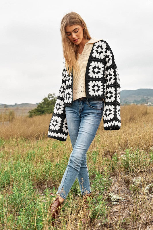 Two-Tone Floral Square Crochet Open Knit Cardigan