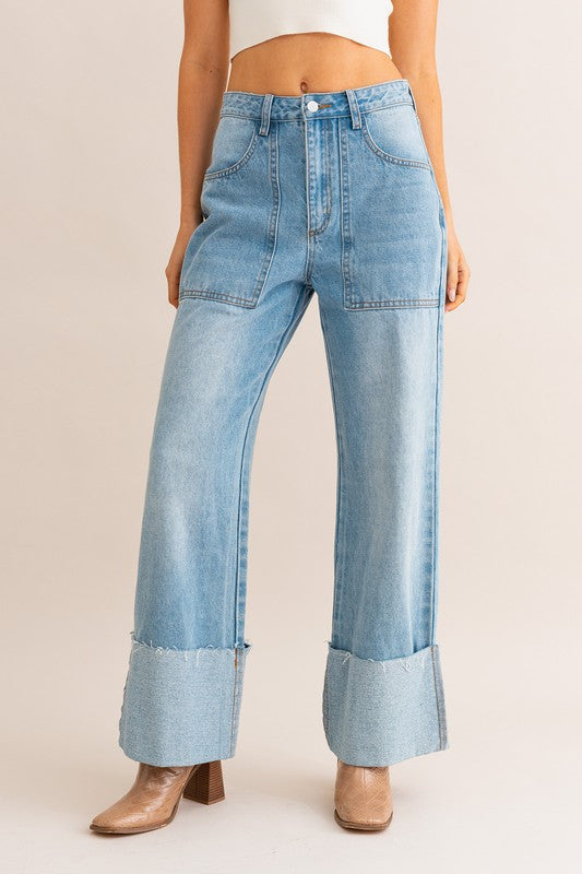 High-Waisted Wide Leg Cuffed Jeans