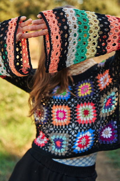 Floral Crochet Striped Sleeve Cropped Knit Sweater